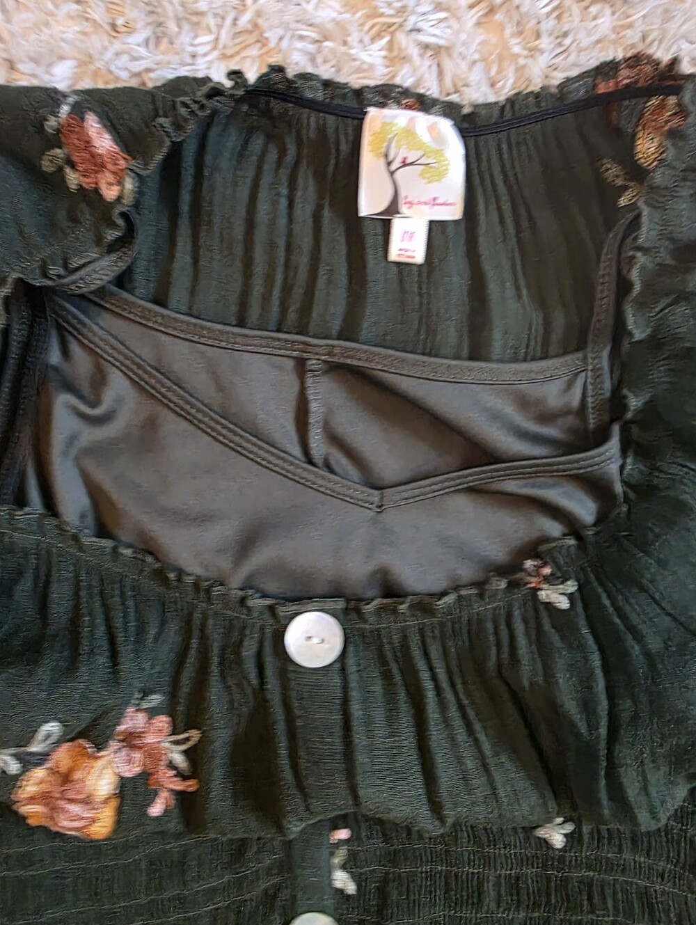 Fig & Flower Anthropologie Olive Green Embroidered Peasant Boho Maxi Dress Sz M - Picture 6 of 10